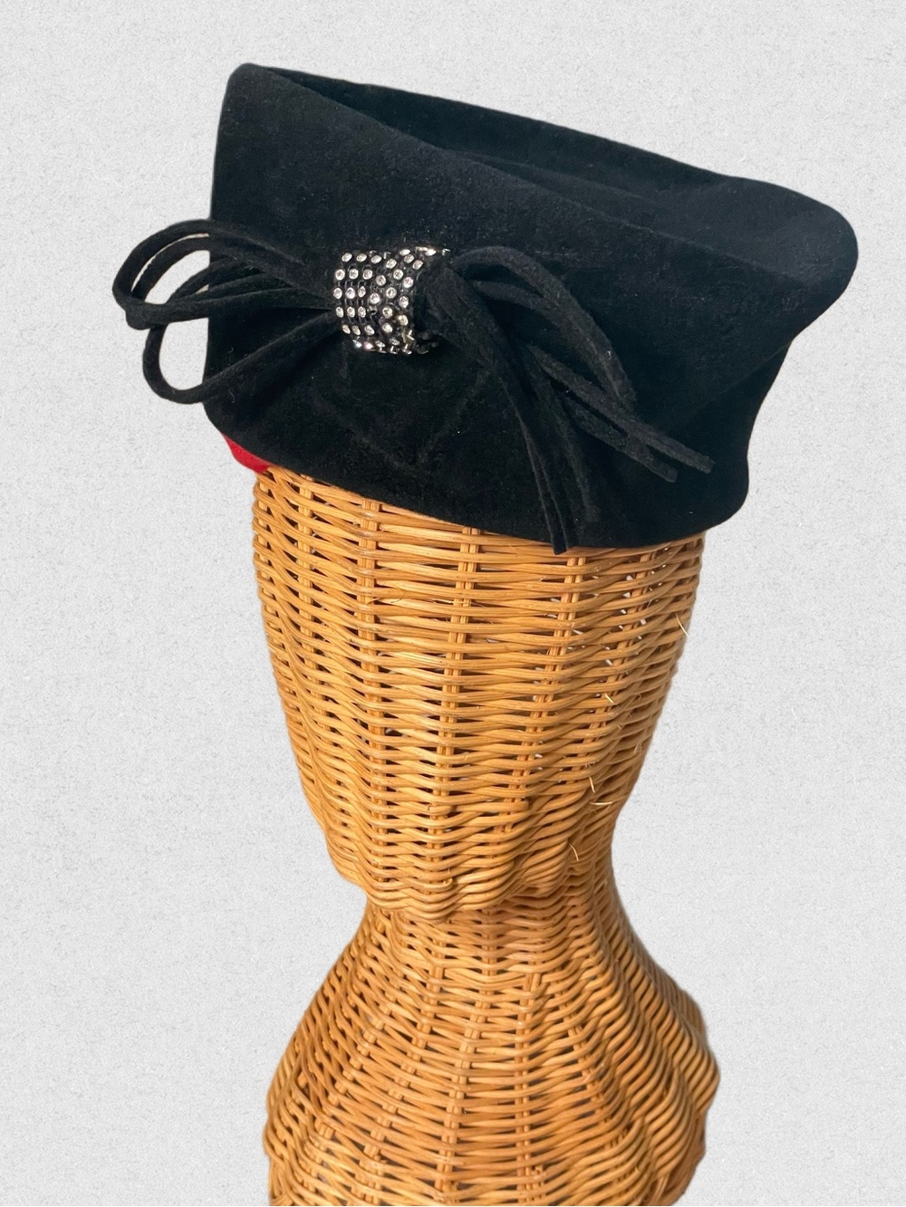 Vintage 90s Black Bow Accent Women's Wool Felt Pillbox Hat